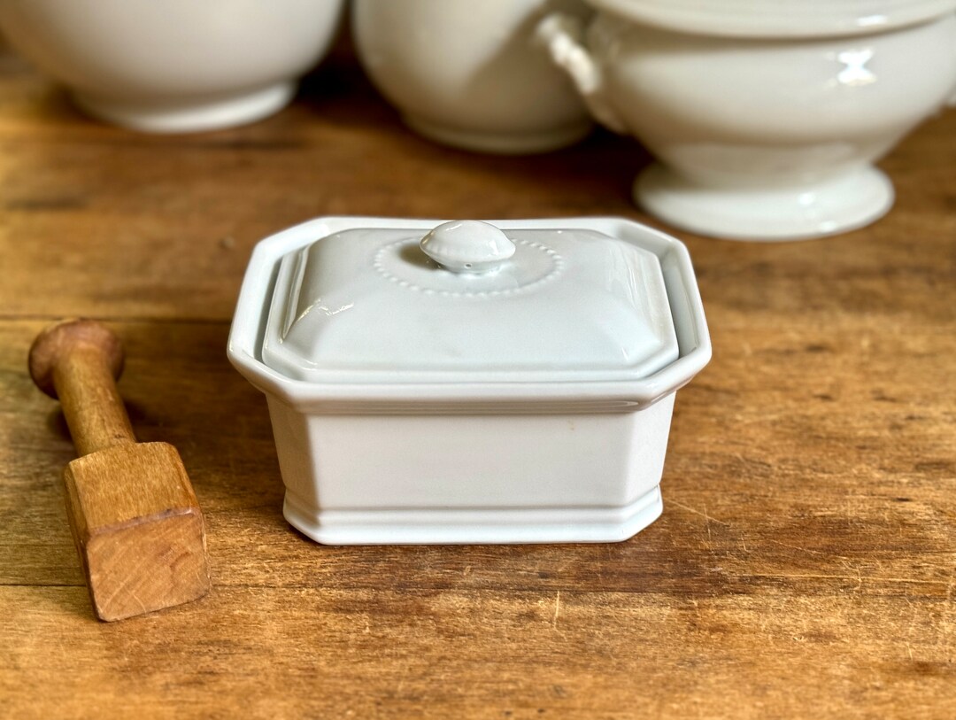 Vintage French Porcelain Covered Butter Dish Box White Apilco Etsy