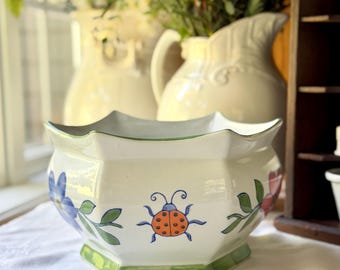 Vintage Ladybug Flowers Pottery Jardiniere Planter Pot