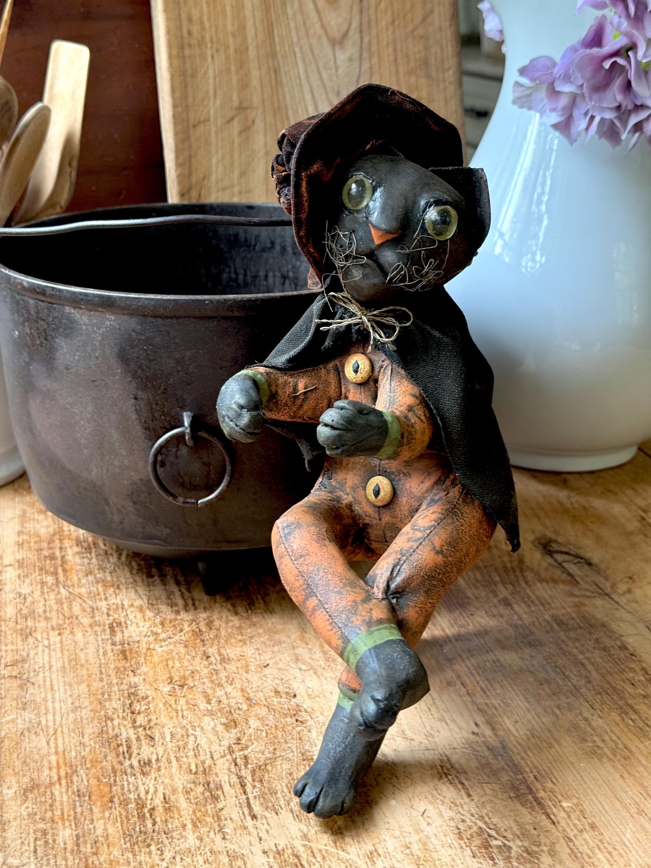 Vintage Paper Mache BLACK CAT WITCH Spooky Halloween Decor