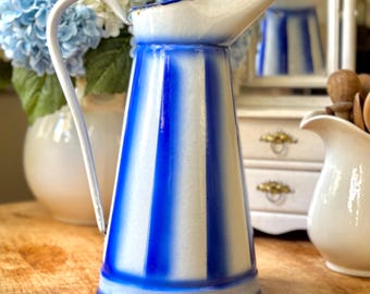 Antique Large French Provincial Blue & White Striped Ewer Enamelware Water Pitcher Jug Country Farmhouse Cottage Kitchen