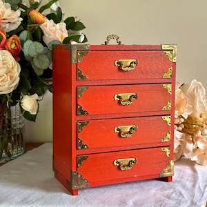 Vintage Asian Red Orange Storage Chest Jewelry Box Wood With Brass Hardware 4 Blue Felt Lined Drawers