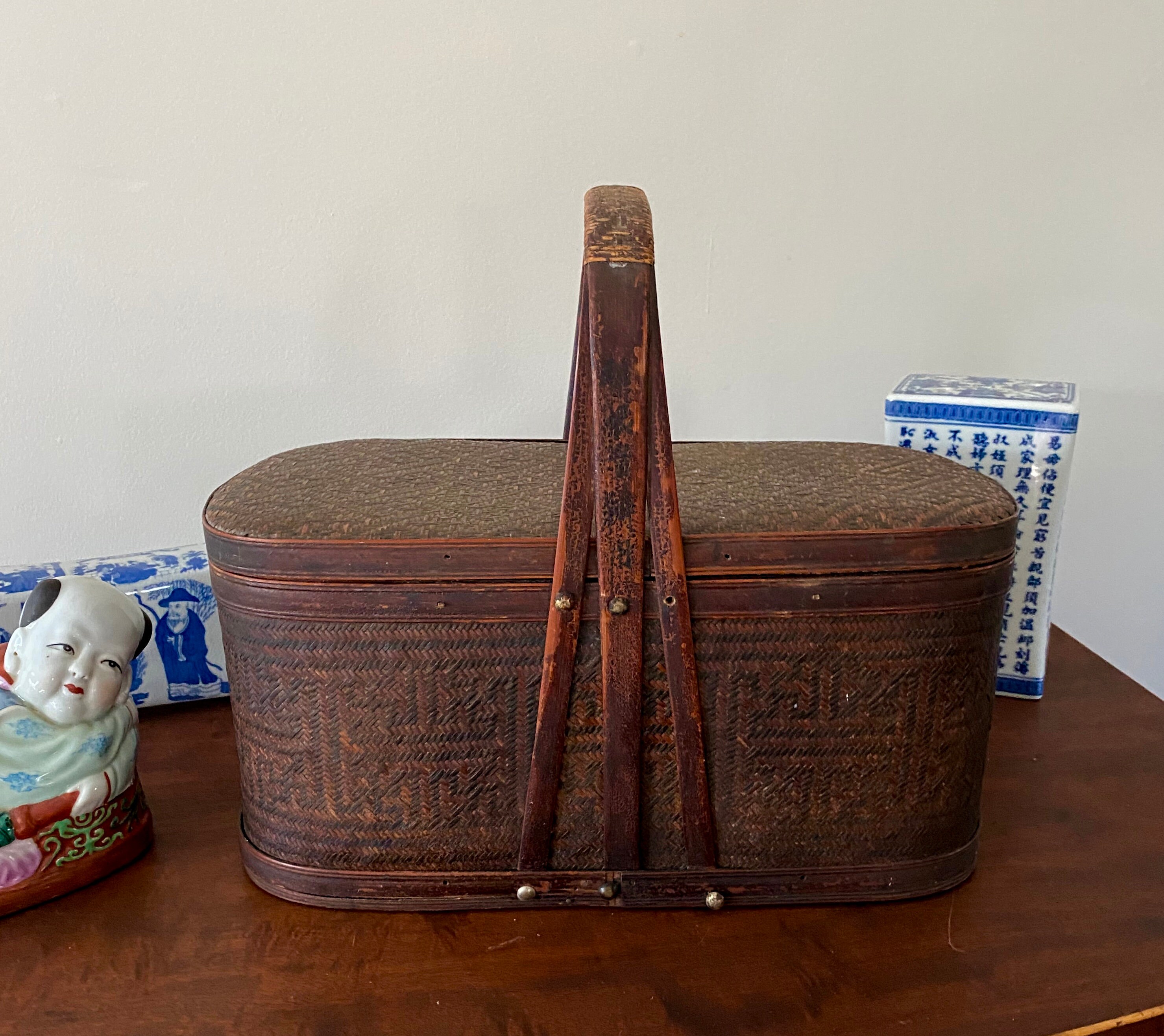 Antique Chinese Food Basket Woven Rattan & Bamboo Geometric Etsy