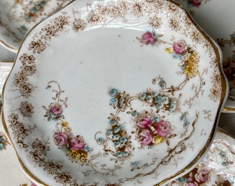 Antique Ironstone Transferware Butter Pats John Maddock EMPIRE Set of 8 Blue Brown Yellow Pink Rose Flower Staffordshire England