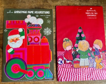 Vintage Hallmark Christmas Cardboard Cutout Santa Train & Trim Tree Centerpiece With Honeycomb Christmas Tree Set Of 2 New Old Stock