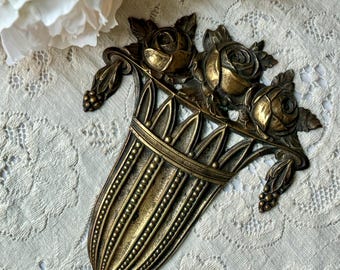 Antique Early 19th Century French Brass Gold Rose Basket Furniture Hardware Decor Salvage France