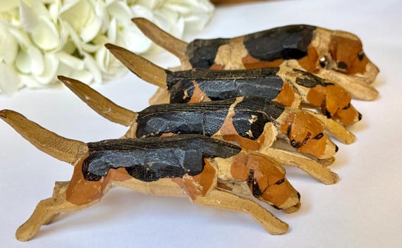 Hand Carved Wood Fox Hounds: Vintage Frank Whittington Forest Toys