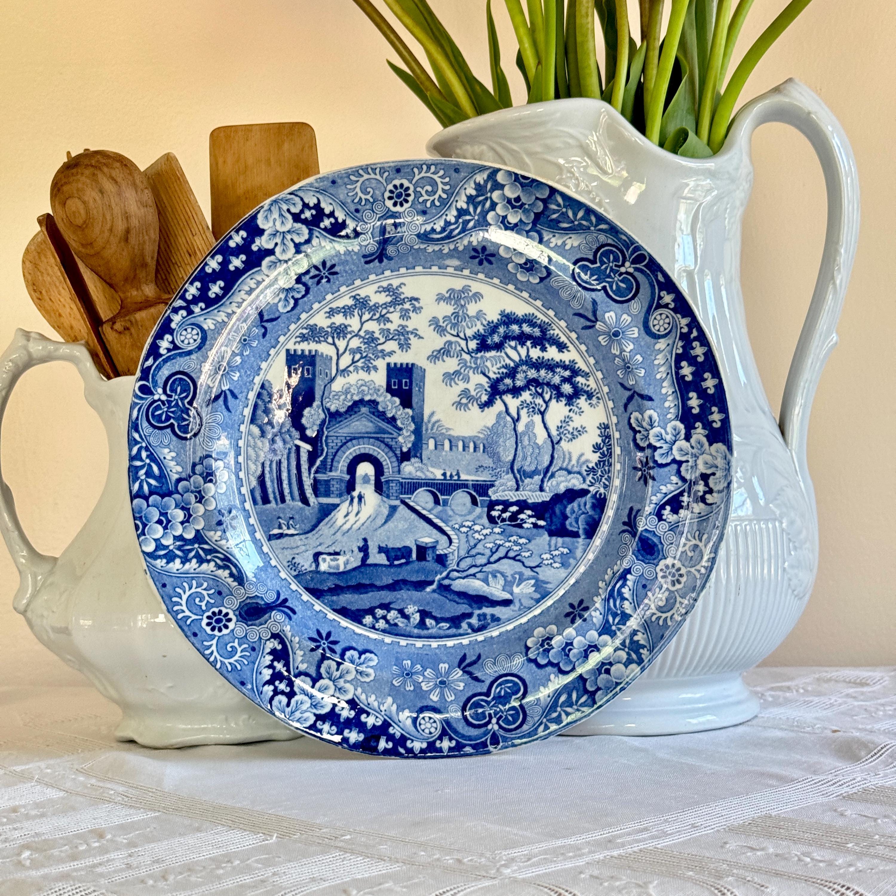 Antique Blue & White Castle Ruins Landscape Dinner Plate Mid