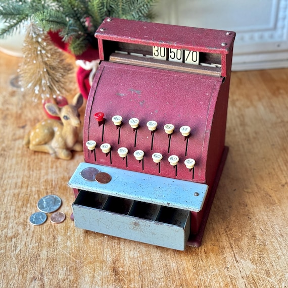 Tom Thumb Red Christmas Cash Register 1950's Metal Working