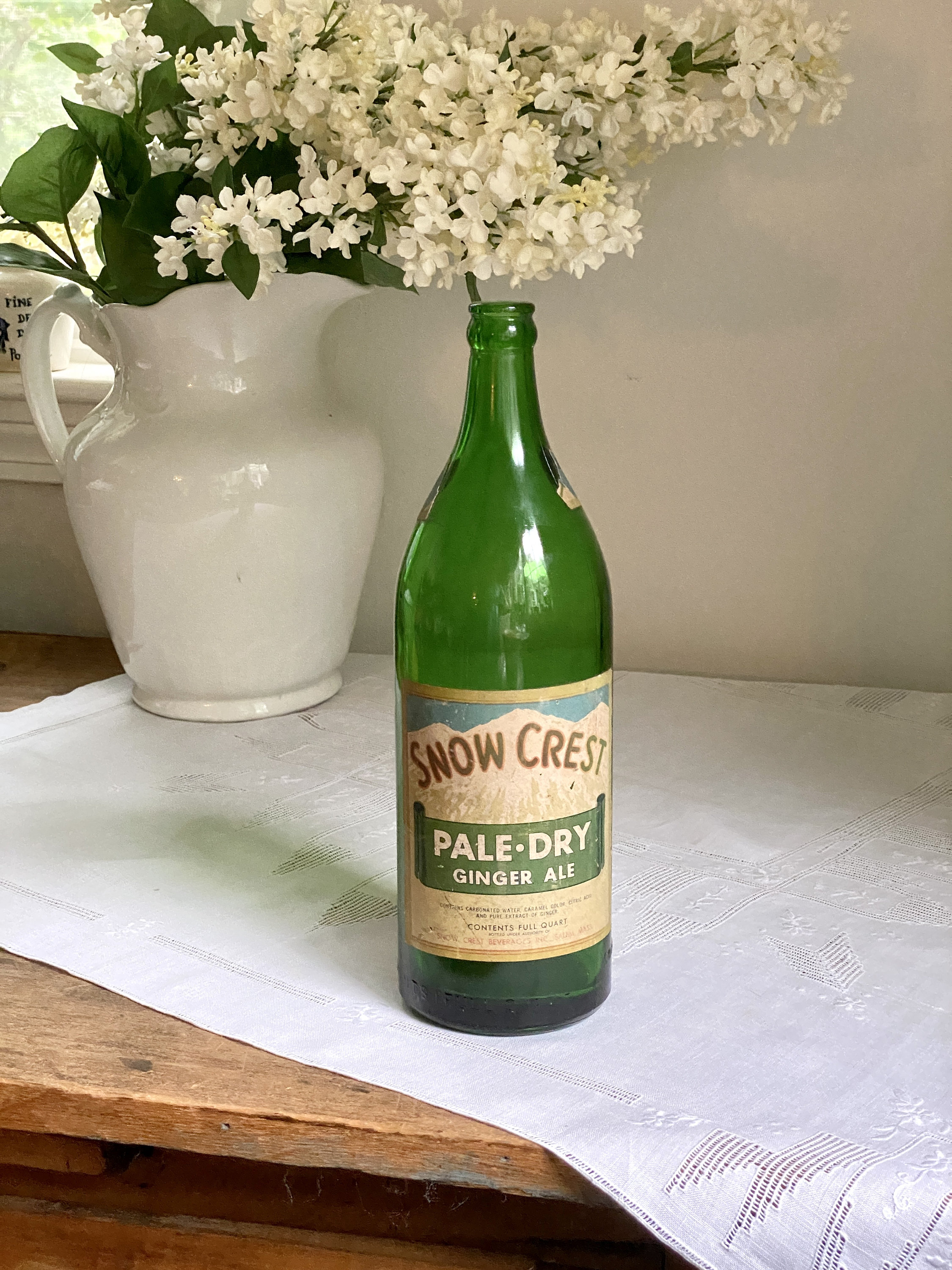 Vintage Snow Crest Pale Dry Ginger Ale Green Glass Bottle Salem  Massachusetts 1948 Owens Illinois Soda Bottle 