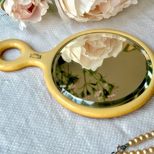 Antique 1920's French Parisian Loonen Yellow Celluloid Hand Held Mirrored