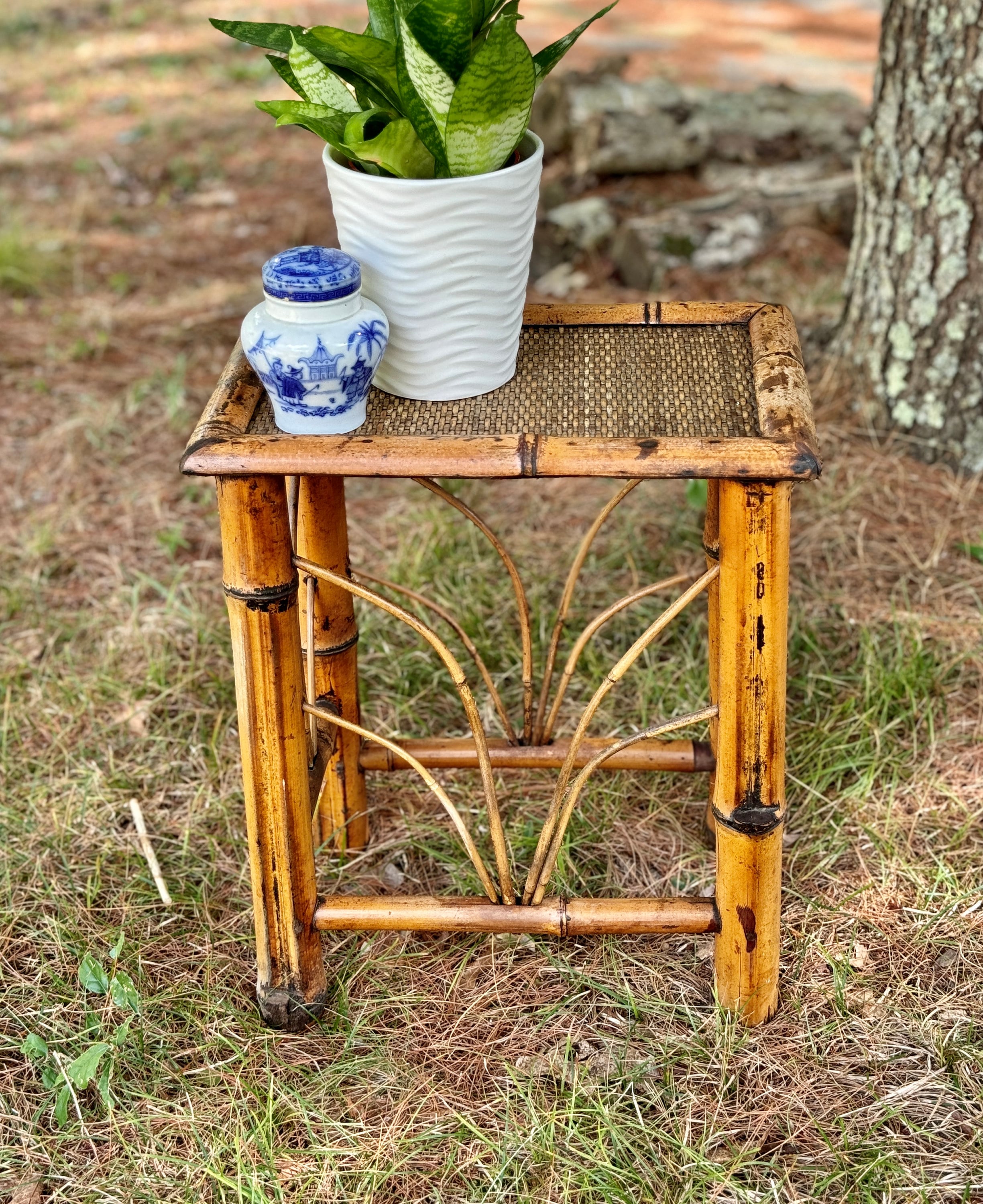 Vintage Bamboo Rattan Small Side Table Rectangle Plant Stand