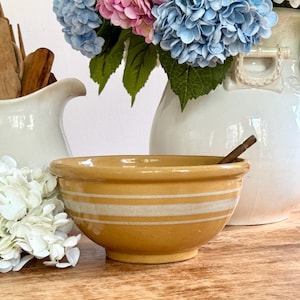 Antique Yellowware Stoneware Mixing Dough Bowl White Bands Yellow Ware Farmhouse Kitchen