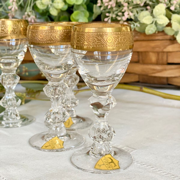 Elegant Tiffin Westchester Gold Encrusted Crystal Cordial Glasses Set Of 4 Shell Scroll Liqueur
