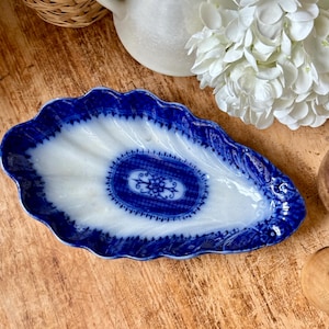 Antique Flow Blue Relish Dish Flowers & Scrolls Scalloped Edge