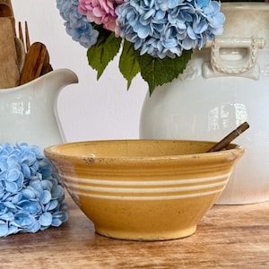 Antique Yellowware Stoneware Mixing Dough Bowl White Bands Yellow Ware Farmhouse Kitchen