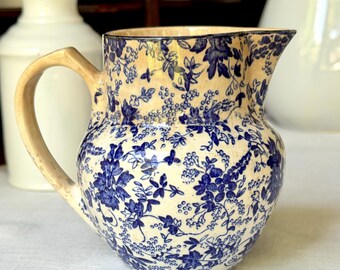 Antique Imperiale Et Royale De Nimy Blue Calico Ironstone Jug Creamer Belgium Brown Stained Patina