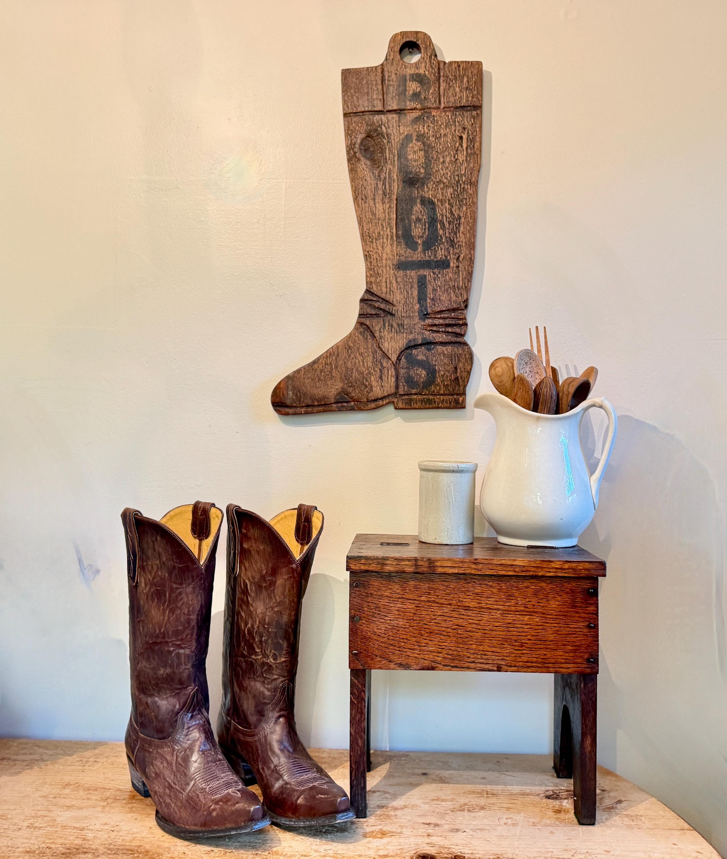 Vintage Handmade Rustic Boots Sign Solid Wood Black Lettering