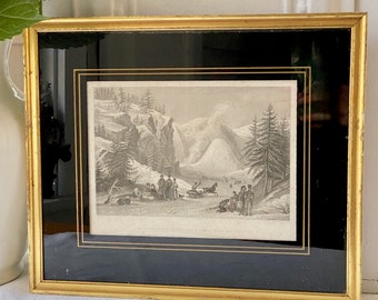 Antique Sketch Engraving MONTMORENCY Waterfall & Cone QUEBEC Canada Winter Snow Covered Scene COL. Cockburn Eglomise Mat Gold Wood Frame