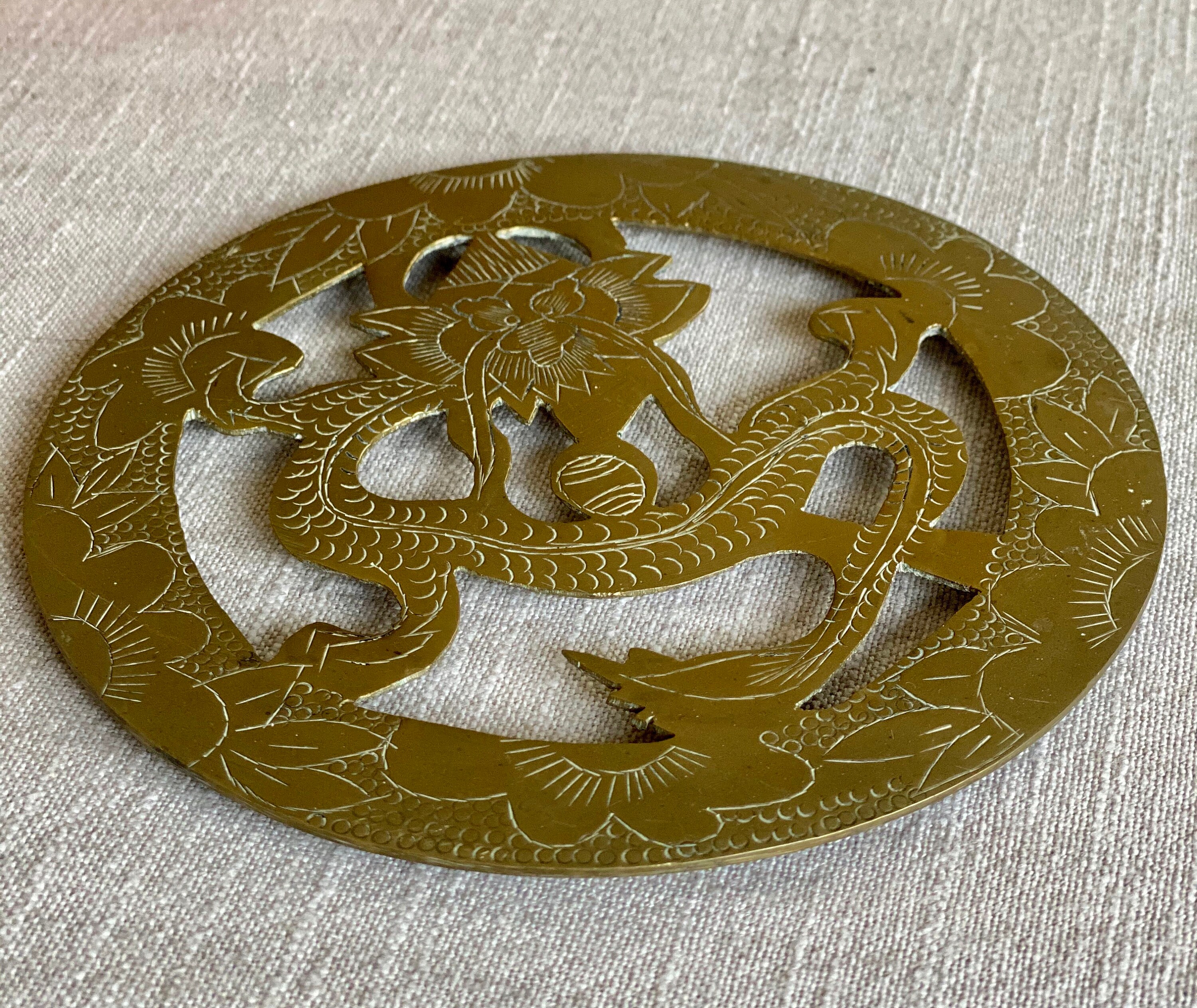 Vintage Brass Chinese Dragon Trivet Floral Blossom Plant Stand Etsy