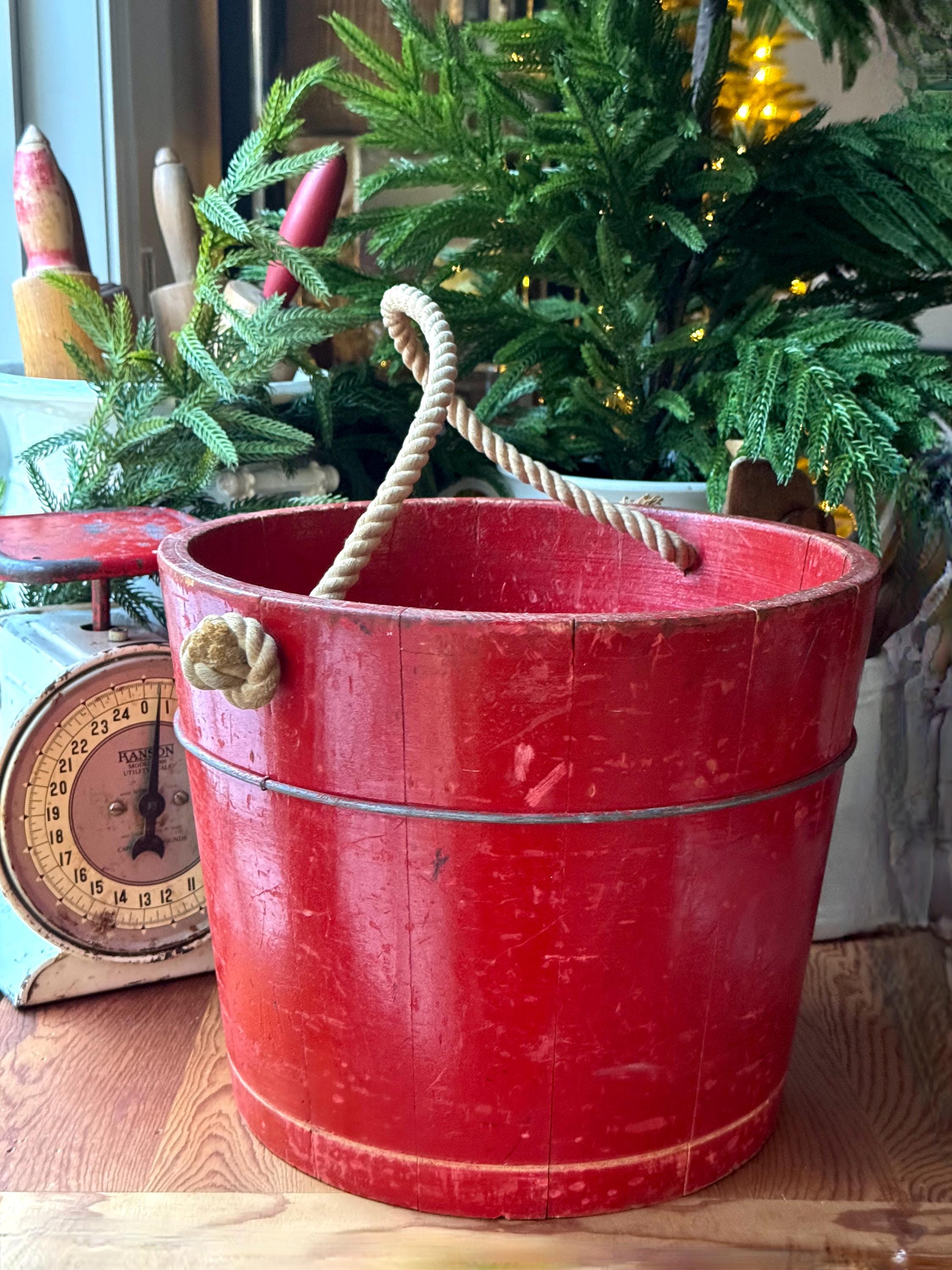 Antique Primitive Large Red Old Staved Wood Bucket Harvest Rustic ...