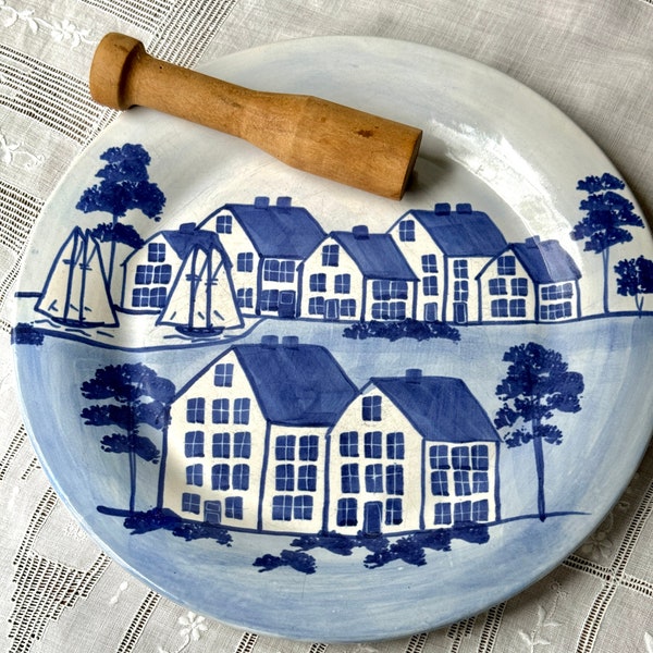 Vintage Shard Coastal Village Dinner Plate Nautical Sailing Ship Sailboat Hand Painted Maine Pottery Made In The USA