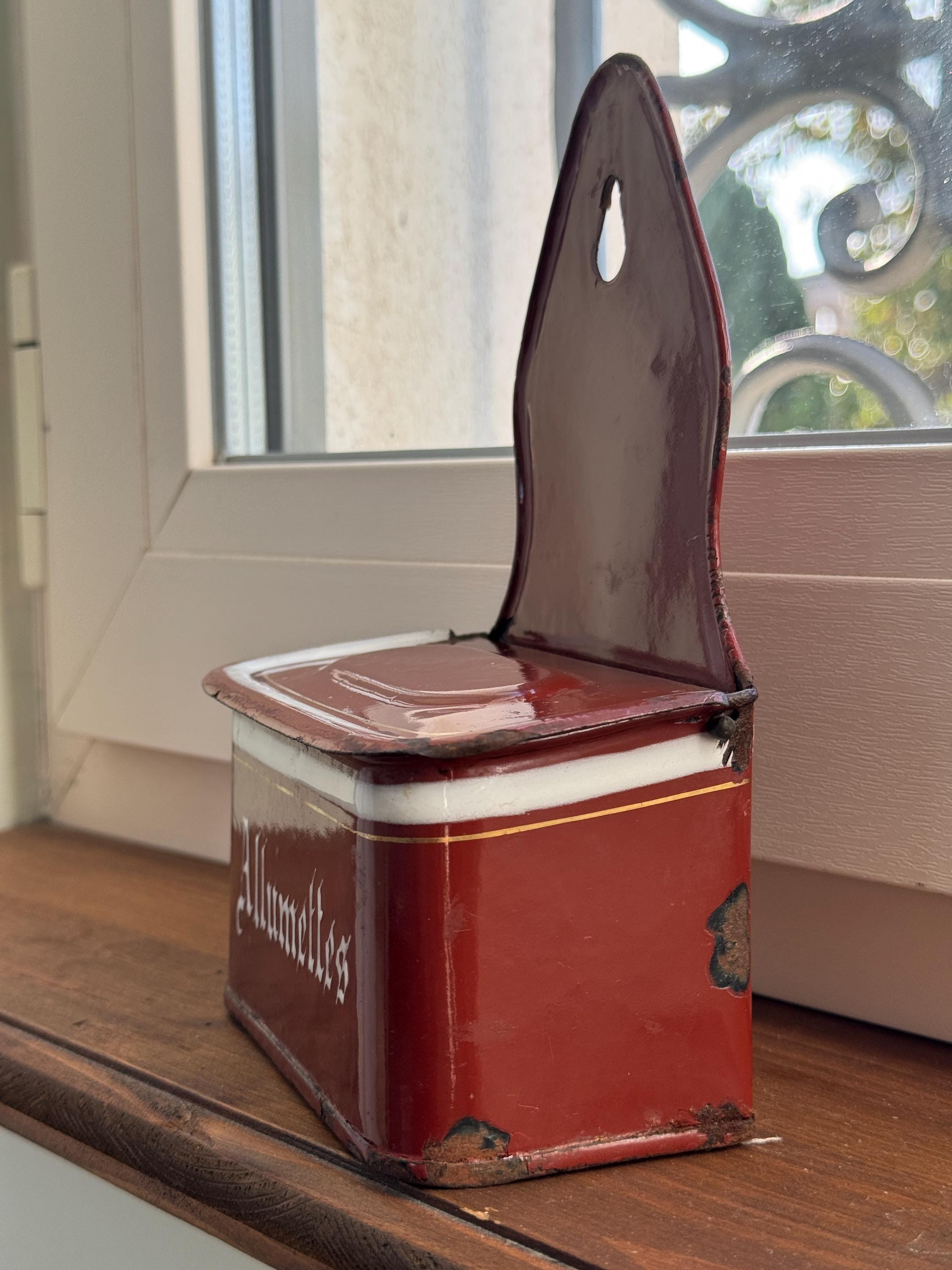 Antique French Brown & White Enamelware Allumettes Match Box