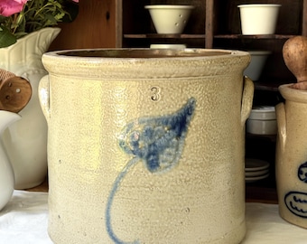 Antique 19th Century Large 3 Gallon Stoneware Pottery Crock Cobalt Leaf Detail Side Handle Storage Jar
