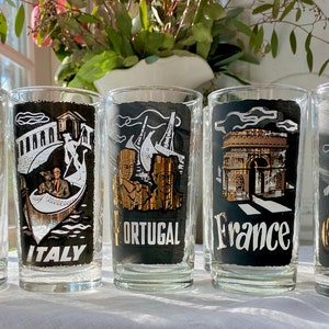 MCM Libbey TWA ハイボールタンブラーグラス ゴールド ブラック イタリア、ポルトガル、フランス ギリシャ トランスワールド航空 ヴェネツィア ローマ パリ リストは 1 つ
