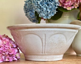 Antique Ironstone Mixing Bowl: Tea Stained Patina, Embossed Hearts