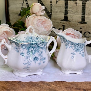 Antique Alfred Meakin GRANGE Aqua Green Daisy Flowers  Transferware Sugar Jar & Pitcher Creamer Set Of 2 Nineteenth Century Made In England