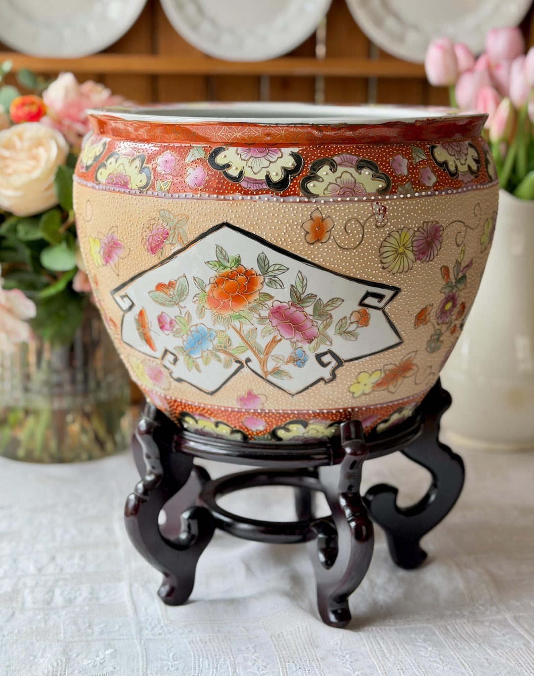 Vintage Large Chinese Planter Cache Pot Jardiniere Chrysanthemum ...