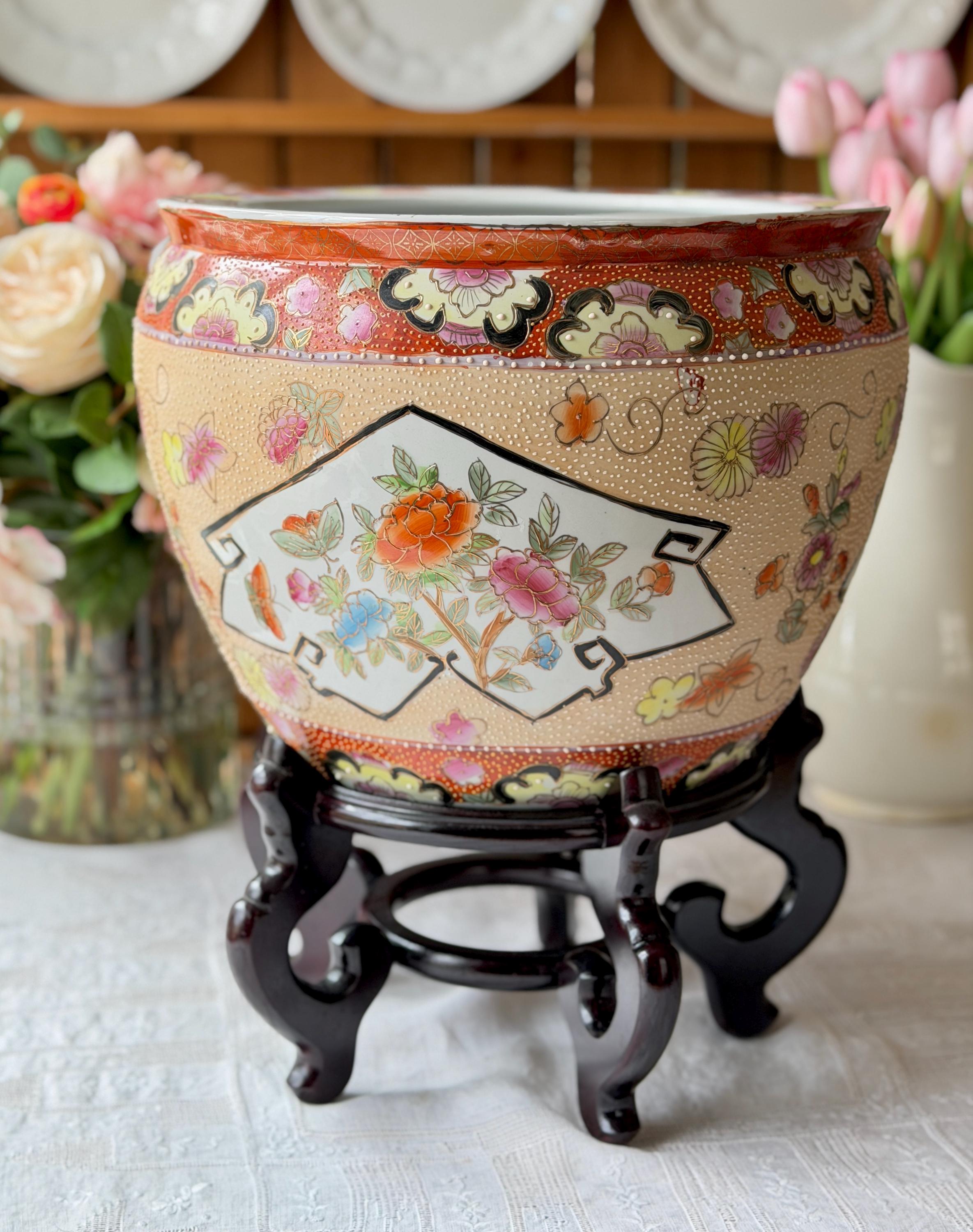 Vintage Large Chinese Planter Cache Pot Jardiniere Chrysanthemum ...