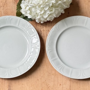 May include: Two white ceramic plates with scalloped edges are displayed on a wooden surface, alongside a cluster of white flowers. The plates have a simple, elegant design, suitable for serving meals. The plates are approximately 10 inches in diameter.