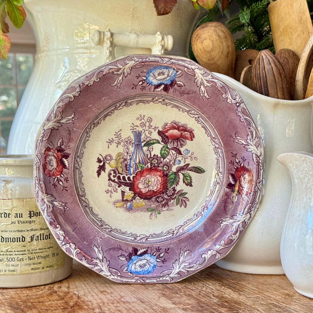* antique plate ୨୧* フラワーレリーフ アンティークプレート Antique George Wooliscroft Excelsior Purple Transferware Ironstone