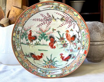 Vintage Large Porcelain Hand Painted Famille Verte Roosters Bok Choy Bowl Berries Birds Flowers