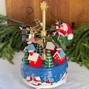 Vintage Christmas Music Box Wood Spinning Santa In Sleigh Spinning Nutcracker Village Plays Santa Claus Is Coming To Town Original Box