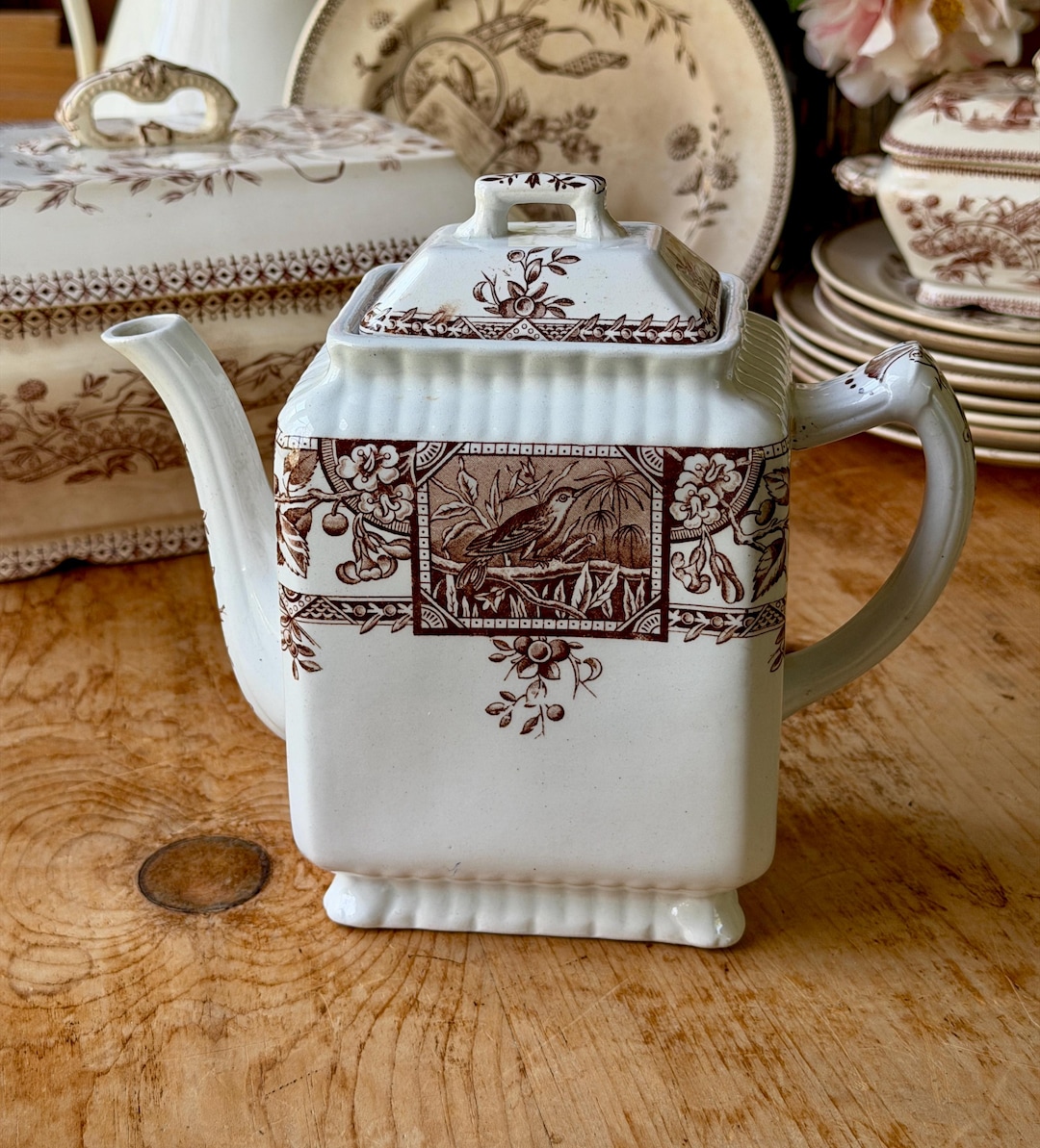 Antique 19th Century ALEXANDRIA Brown Transferware Teapot Wallis
