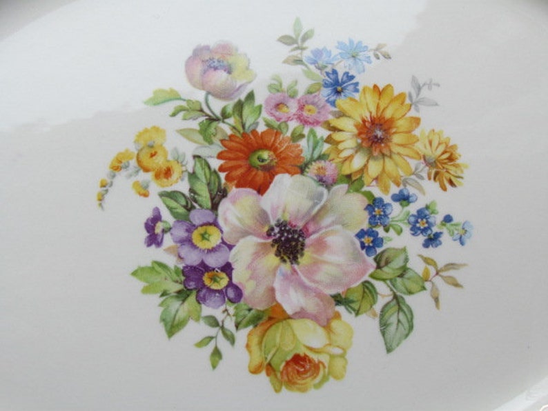 Knowles Flower Garden Vegetable Bowl Cream Color Floral Embossed Rim Gold Trim Oval Serving Bowl Edwin M