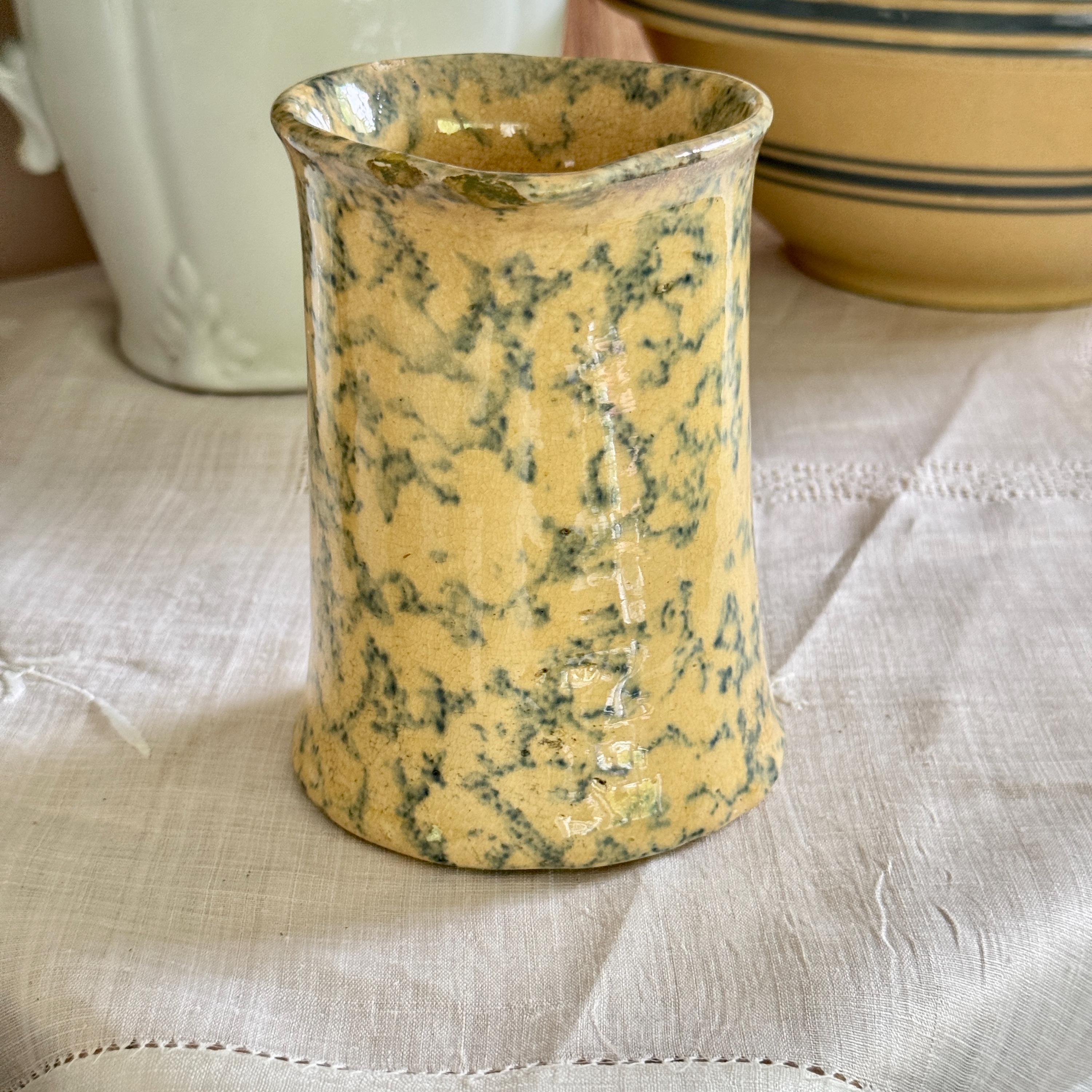 Antique Yellowware Blue Spongeware Pitcher Jug Stoneware Pottery  display picture 1