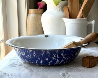 Large Cobalt Blue Splatter Swirl Porcelain Enamelware Round Wash Tub Basin Pan Old Country Farmhouse Kitchen Laundry