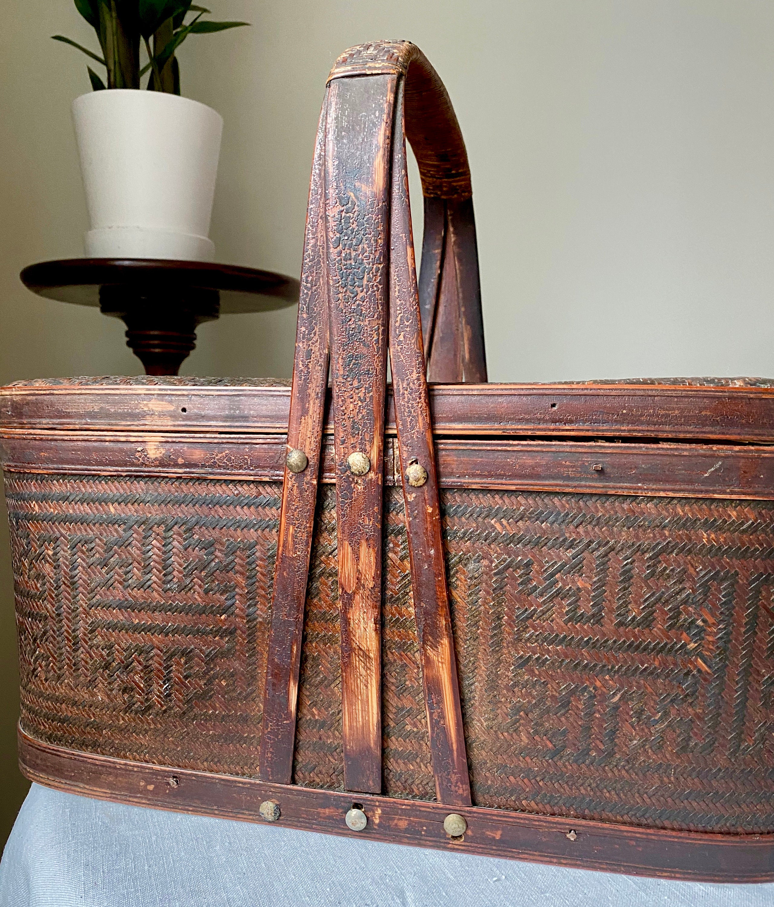 Antique Chinese Food Basket Woven Rattan & Bamboo Geometric Etsy