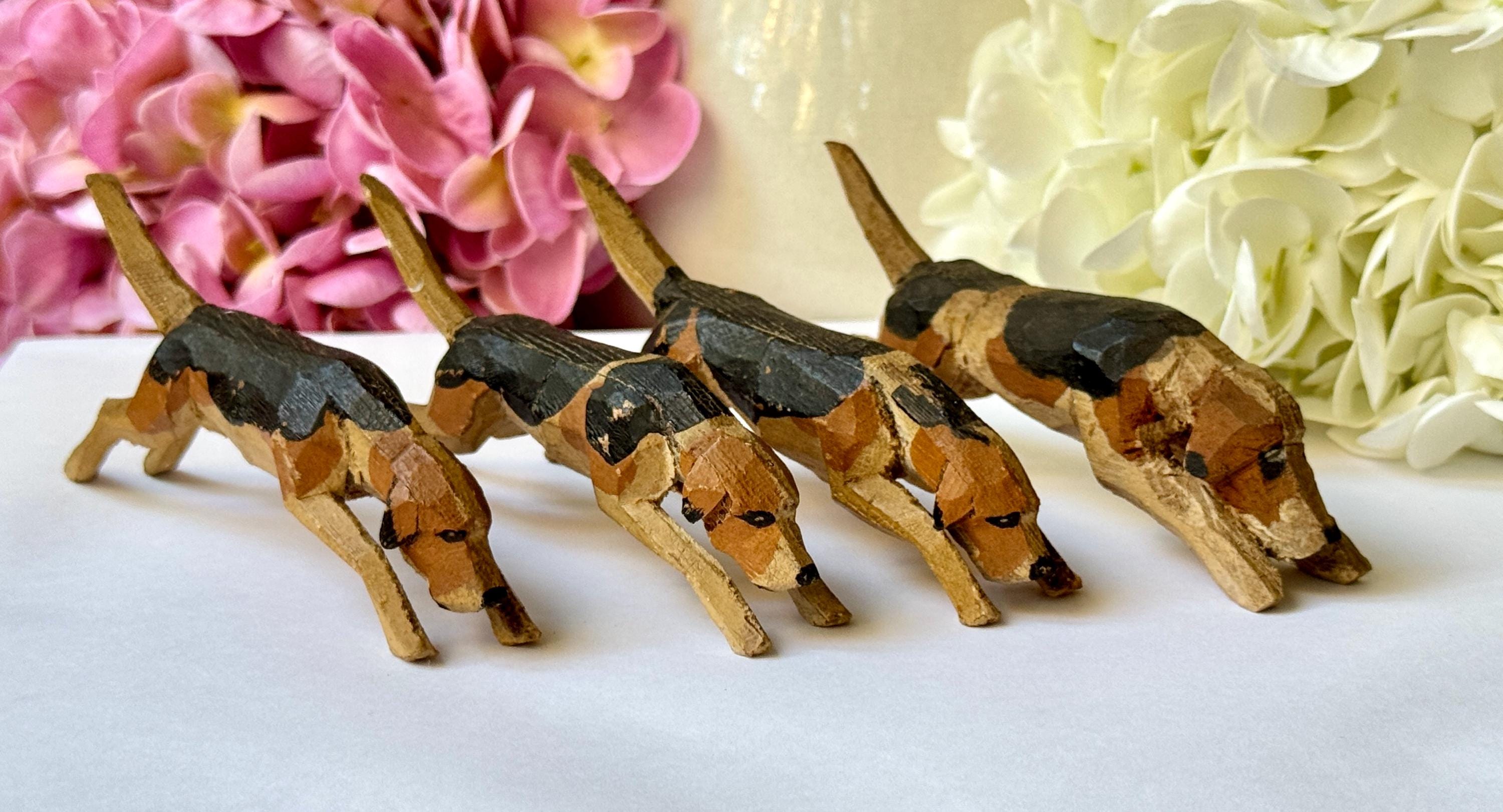Hand Carved Wood Fox Hounds: Vintage Frank Whittington Forest Toys