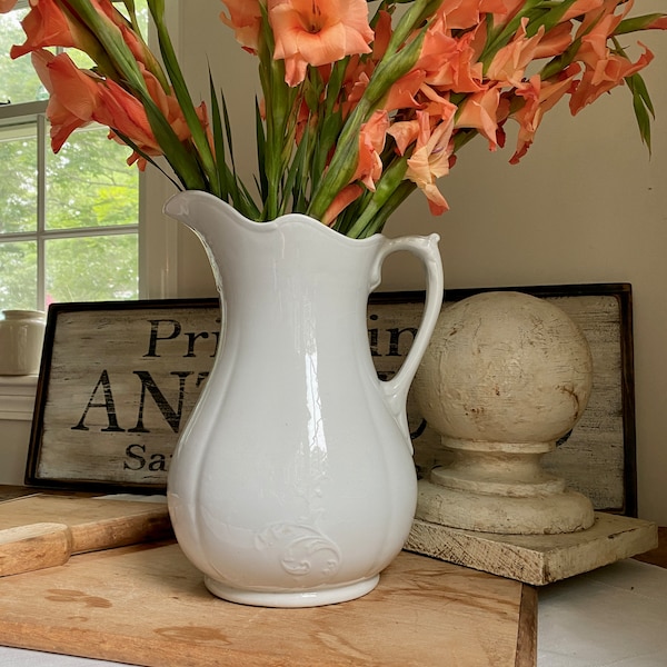 Antique White Ironstone Large Pottery Pitcher Jug Embossed Acanthus Leaves Anchor Pottery Trenton New Jersey