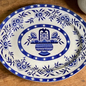 Antique James Kent BRUGGE Platter Blue & White Flower Basket Urn Ironstone Transferware Made In Staffordshire England
