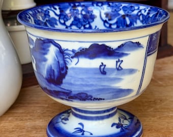 Antique Late Meiji Period Japanese Traditional HAISEN Porcelain Pedestal Bowl Sake Cup Rinser Sailboats Butterfly Cherry Tree