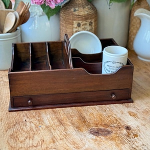 Vintage Handcrafted Mahogany Desk Top Organizer Countertop Top Handle 6 Sections Storage 1 Drawer