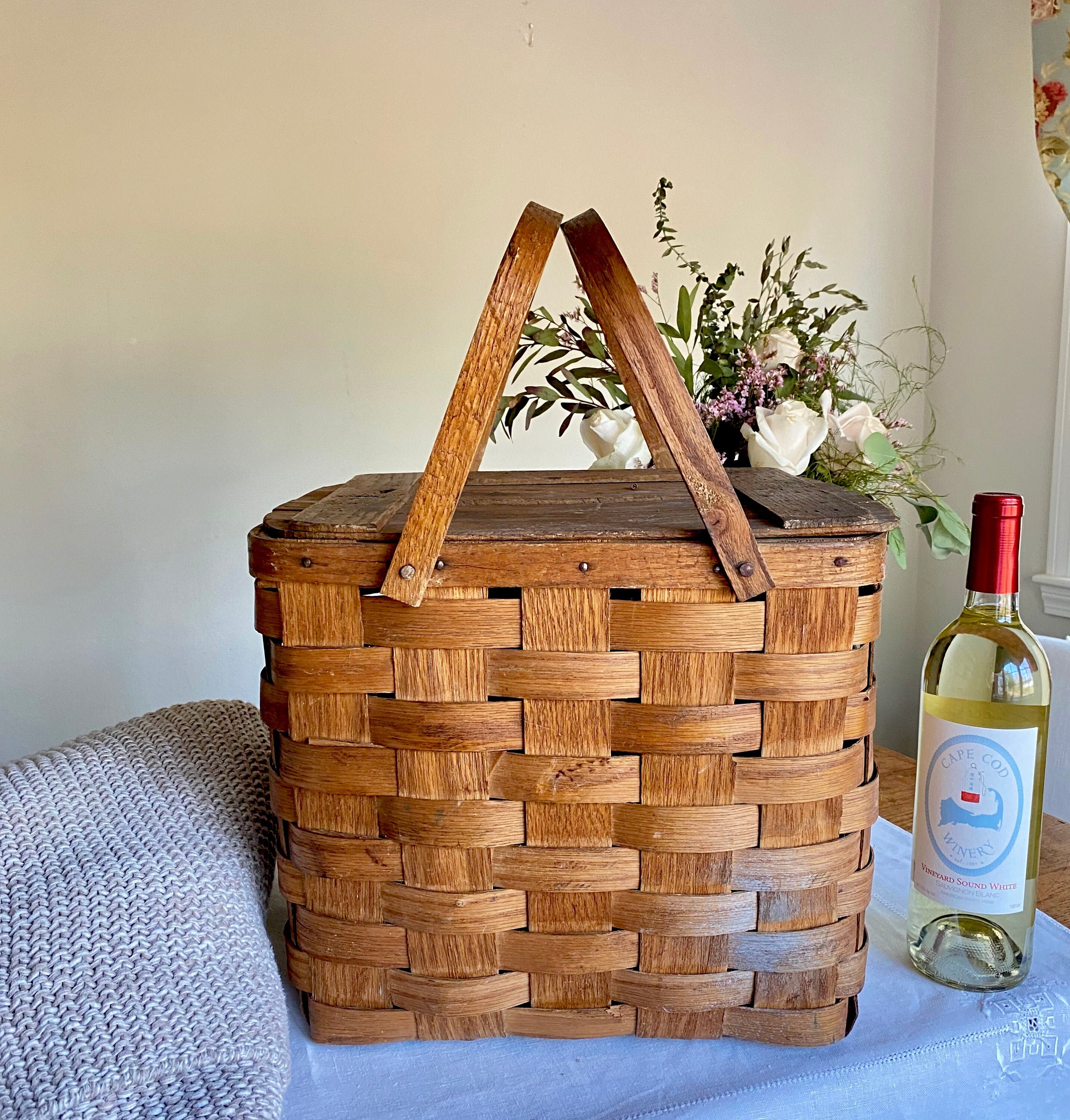Antique Split Wood Picnic Basket Woven Rustic Market Basket Etsy