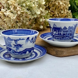 Blue Willow Coffee Cup Restaurantware Shenango China Set Of 2 Tea Cups & 2 Saucers Made In USA Blue And White Pottery Restaurant Ware Diner