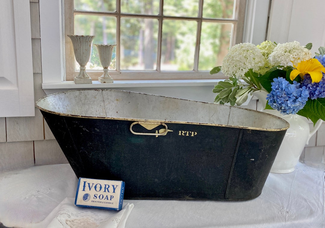 Antique Victorian Baby Bath Tub Large Galvanized Metal Painted Etsy