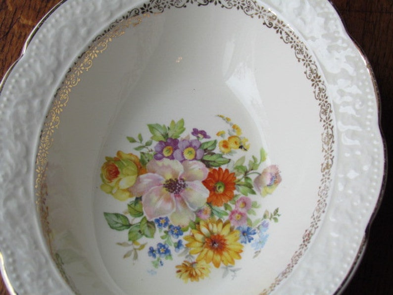 Knowles Flower Garden Vegetable Bowl Cream Color Floral Embossed Rim Gold Trim Oval Serving Bowl Edwin M
